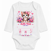 Babybody Langarm – Geburtsdaten Mädchen Katze Hallo Welt | mit Wunschname – Personalisierungsvorschau ohne Beispielname