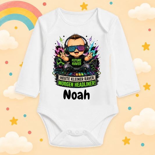 Babybody Langarm – Junge Techno – Heute kleiner Raver morgen Headliner | mit Wunschname – Produktansicht