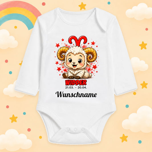 Babybody Langarm – Sternzeichen Widder | mit Wunschname – Motiv 2 – Produktansicht
