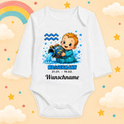 Babybody Langarm – Sternzeichen Wassermann | mit Wunschname – Motiv 2 – Produktansicht