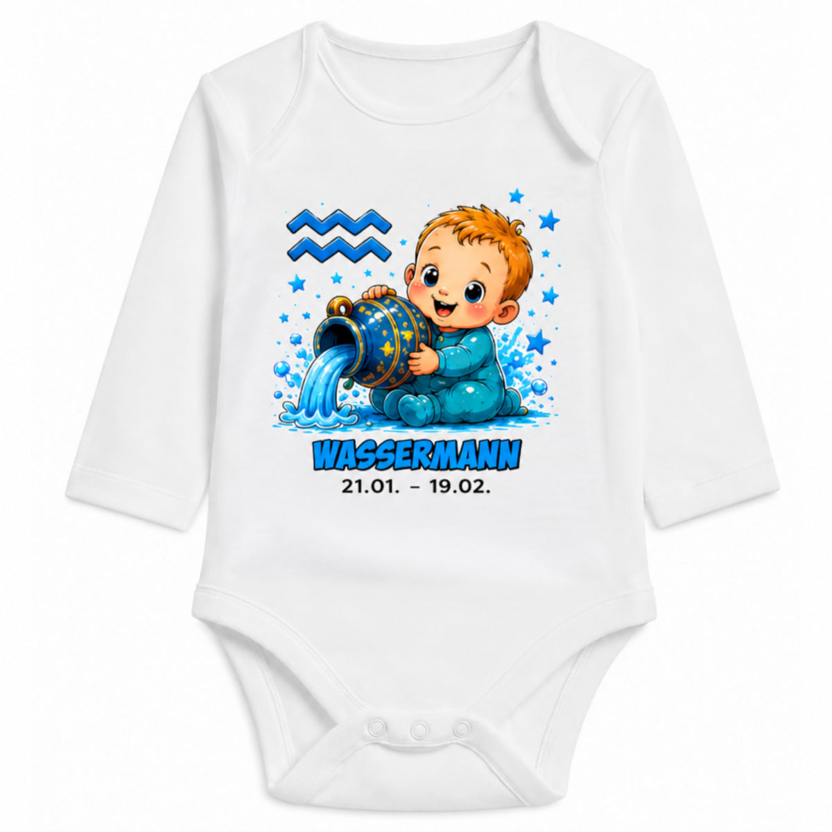 Babybody Langarm – Sternzeichen Wassermann | mit Wunschname – Motiv 2 – Personalisierungsvorschau ohne Beispielname