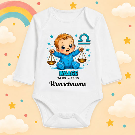 Babybody Langarm – Sternzeichen Waage | mit Wunschname – Motiv 2 – Produktansicht
