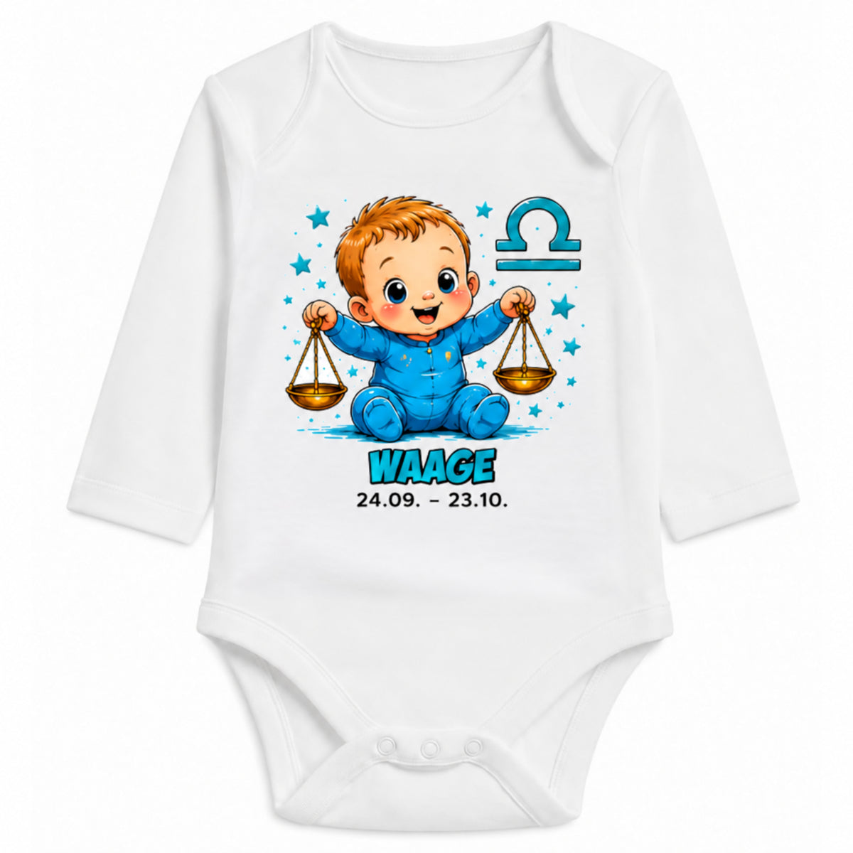 Babybody Langarm – Sternzeichen Waage | mit Wunschname – Motiv 2 – Personalisierungsvorschau ohne Beispielname