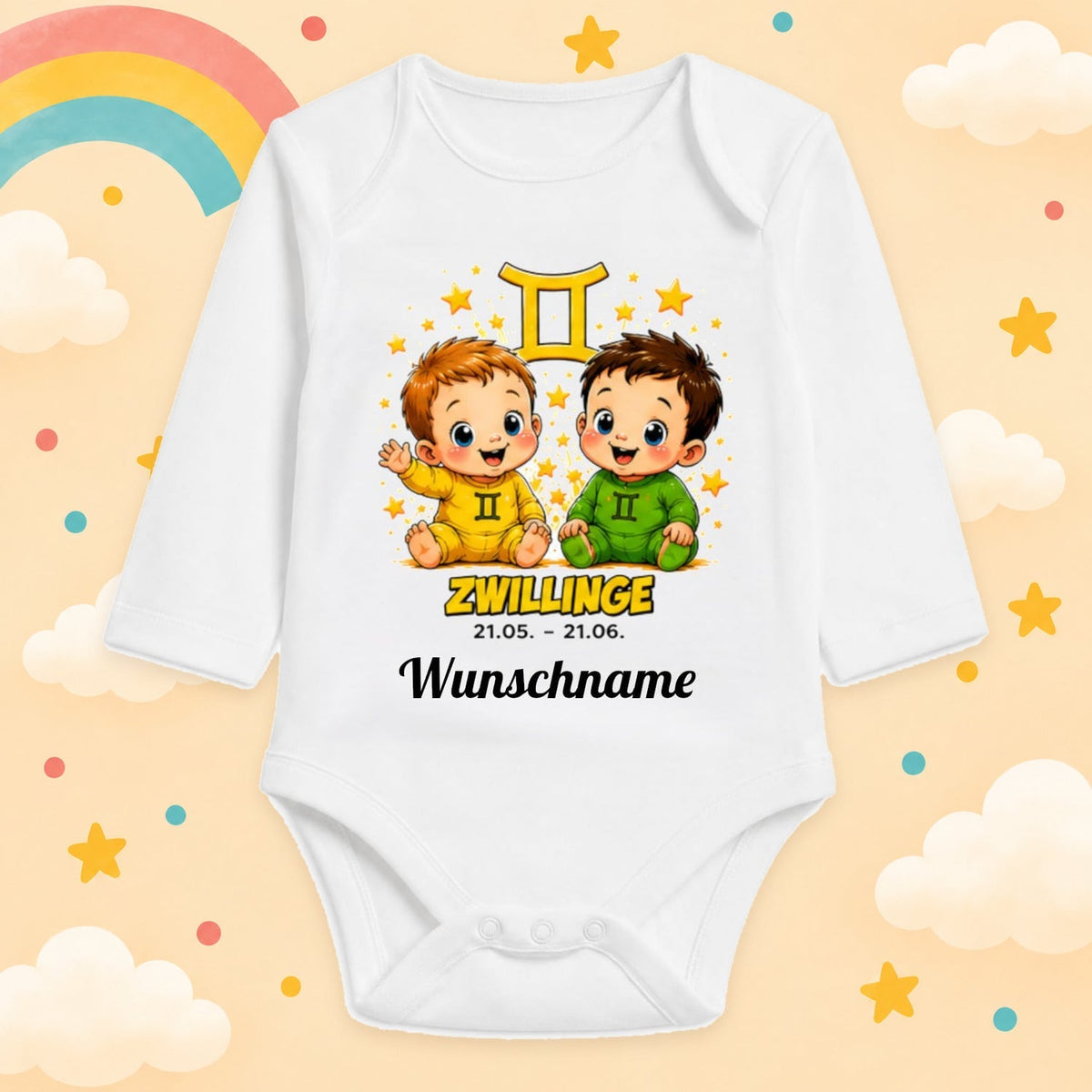 Babybody Langarm – Sternzeichen Zwillinge | mit Wunschname – Motiv 2 – Produktansicht