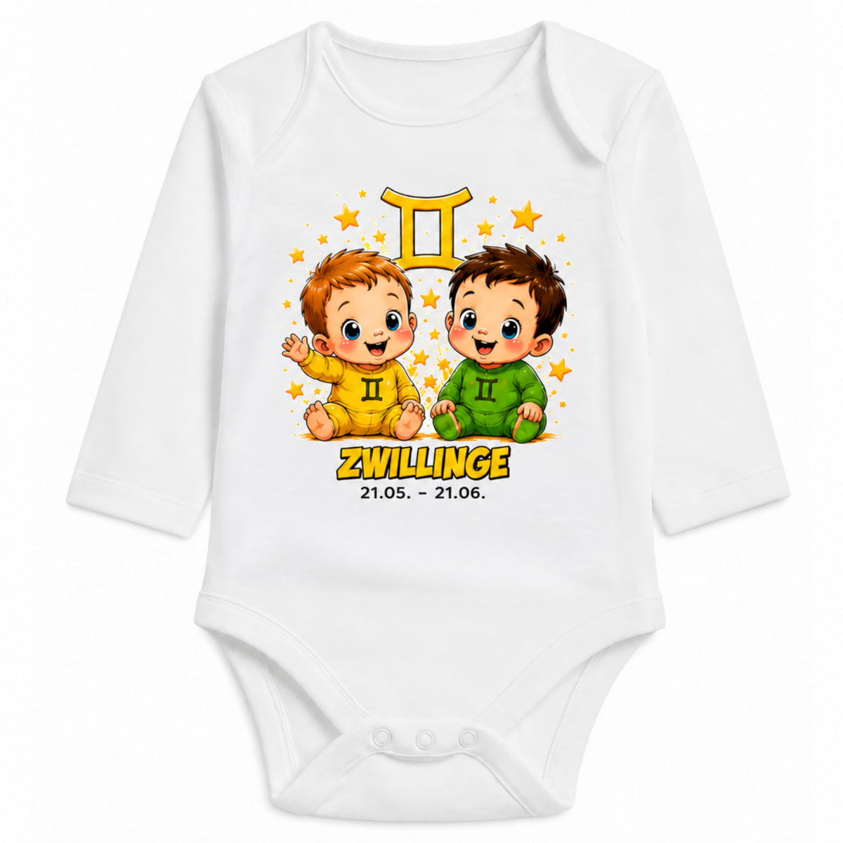 Babybody Langarm – Sternzeichen Zwillinge | mit Wunschname – Motiv 2 – Personalisierungsvorschau ohne Beispielname