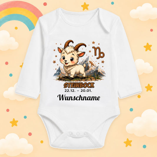 Babybody Langarm – Sternzeichen Steinbock | mit Wunschname – Motiv 2 – Produktansicht