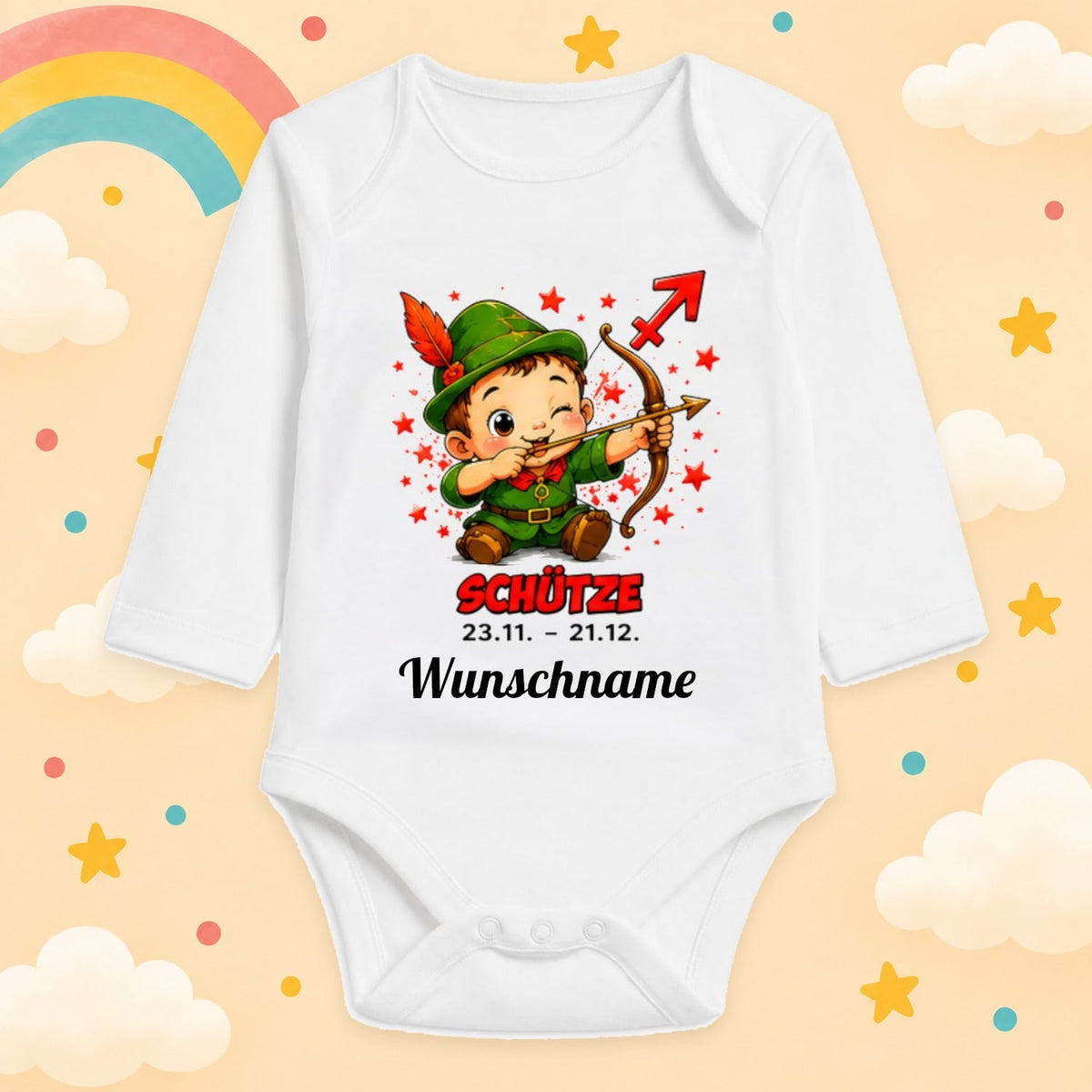 Babybody Langarm – Sternzeichen Schütze | mit Wunschname – Motiv 2 – Produktansicht