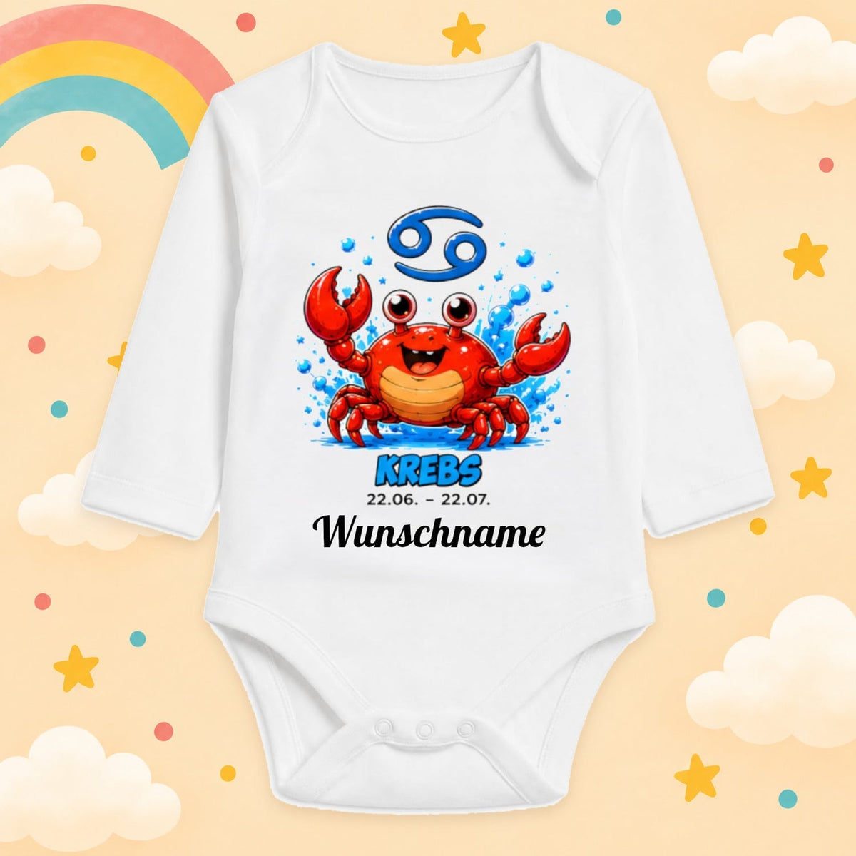 Babybody Langarm – Sternzeichen Krebs | mit Wunschname – Motiv 2 – Produktansicht