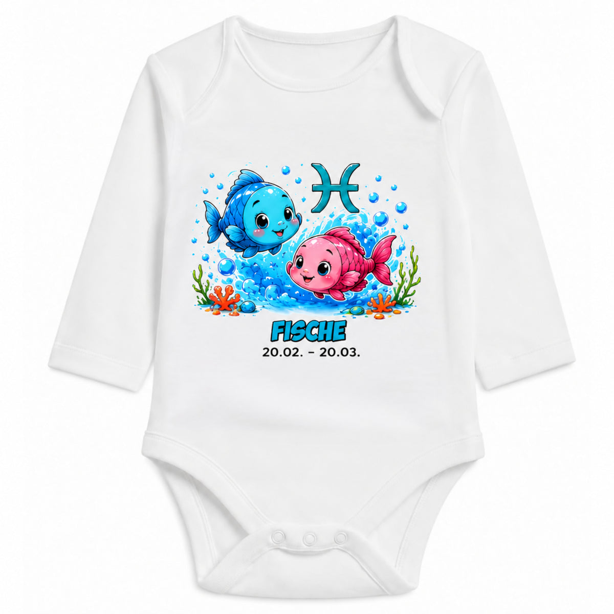 Babybody Langarm – Sternzeichen Fische | mit Wunschname – Motiv 2 – Personalisierungsvorschau ohne Beispielname