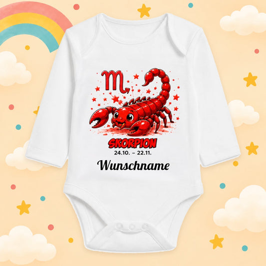 Babybody Langarm – Sternzeichen Skorpion | mit Wunschname – Motiv 2 – Produktansicht