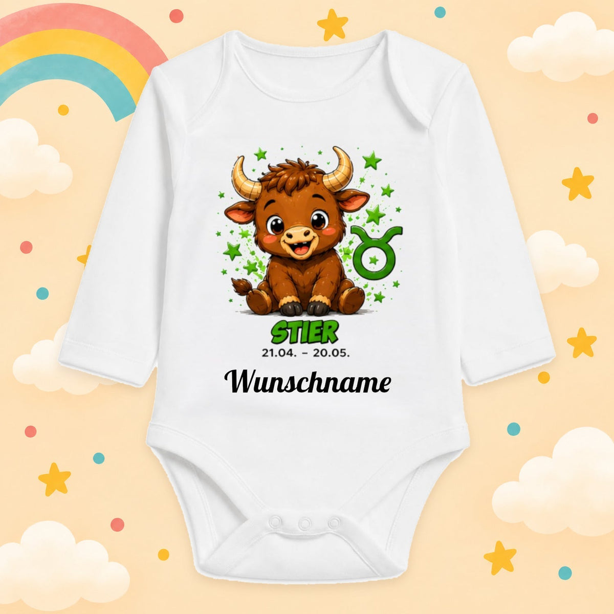 Babybody Langarm – Sternzeichen Stier | mit Wunschname – Motiv 2 – Produktansicht