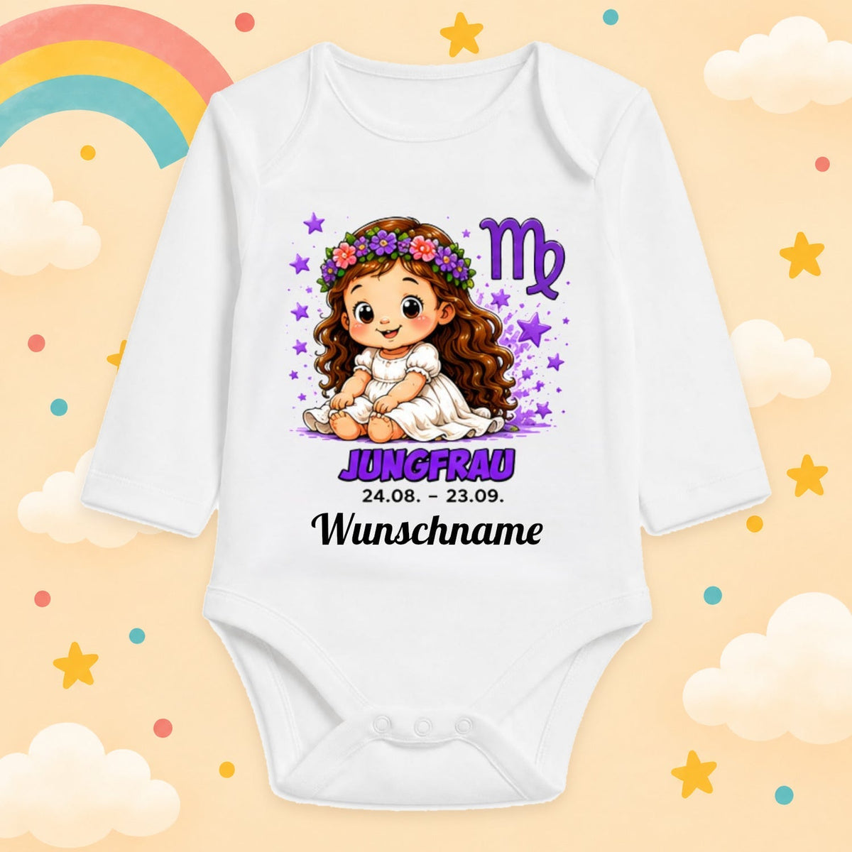 Babybody Langarm – Sternzeichen Jungfrau | mit Wunschname – Motiv 2 – Produktansicht