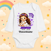 Babybody Langarm – Sternzeichen Jungfrau | mit Wunschname – Motiv 2 – Produktansicht