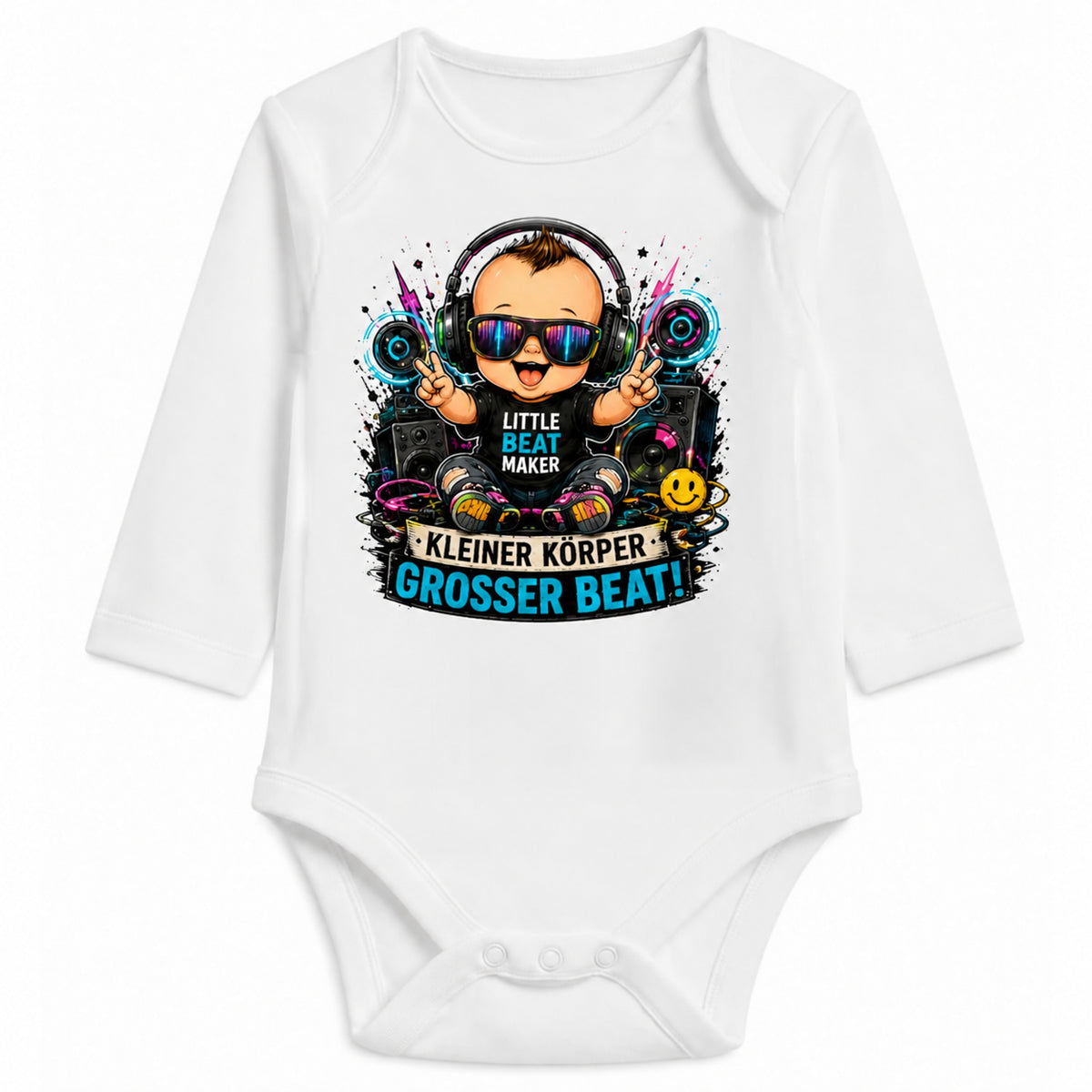 Babybody Langarm – Junge Techno – Kleiner Körper großer Beat | mit Wunschname – Personalisierungsvorschau ohne Beispielname
