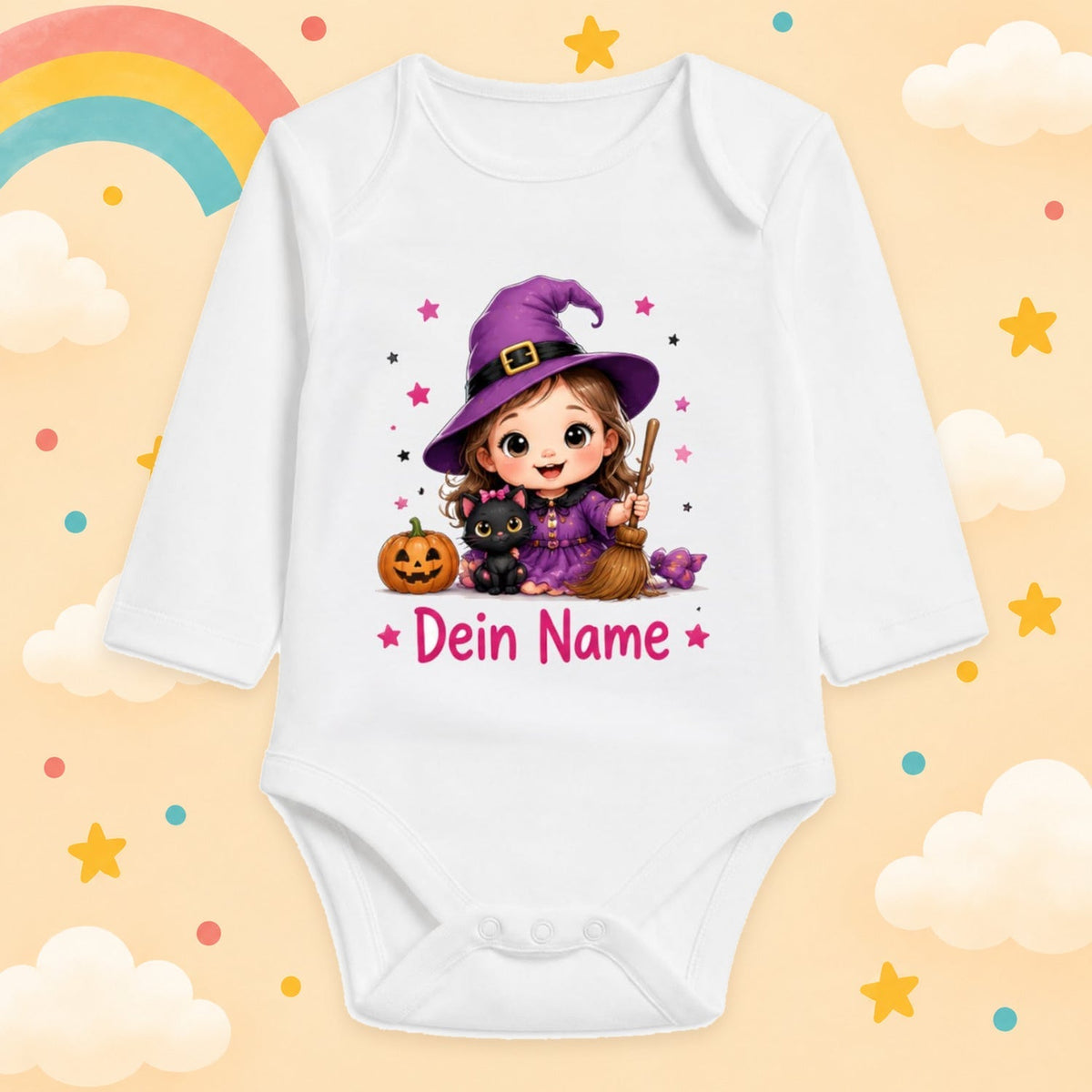 Babybody Langarm – Halloween – Hexe | mit Wunschname – Produktansicht