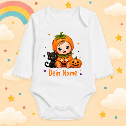Babybody Langarm – Halloween – Kürbis | mit Wunschname – Motiv 2 – Produktansicht