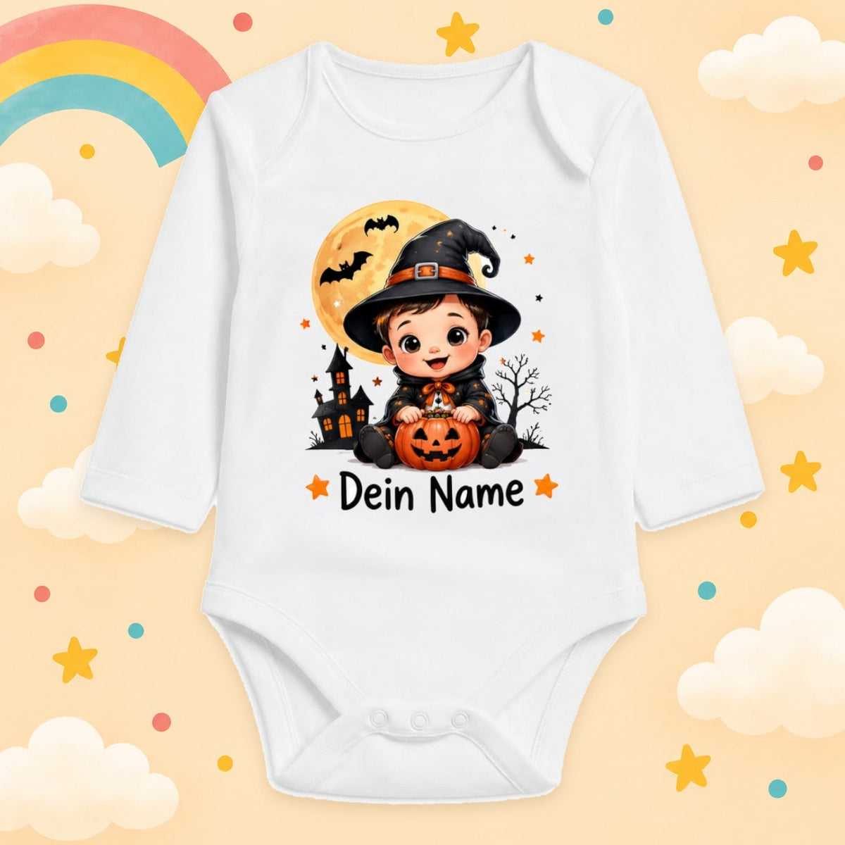 Babybody Langarm – Halloween – Zauberer | mit Wunschname – Produktansicht