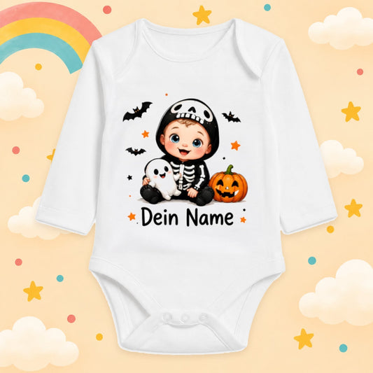 Babybody Langarm – Halloween – Skelett | mit Wunschname – Produktansicht