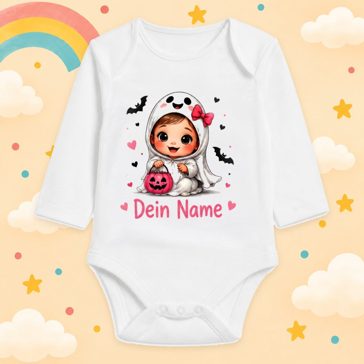 Babybody Langarm – Halloween – Gespenst | mit Wunschname – Motiv 2 – Produktansicht