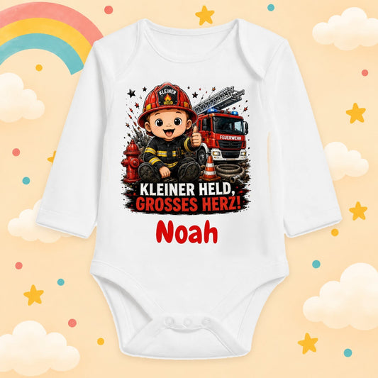 Babybody Langarm – Feuerwehr – Kleiner Held großes Herz | mit Wunschname – Produktansicht