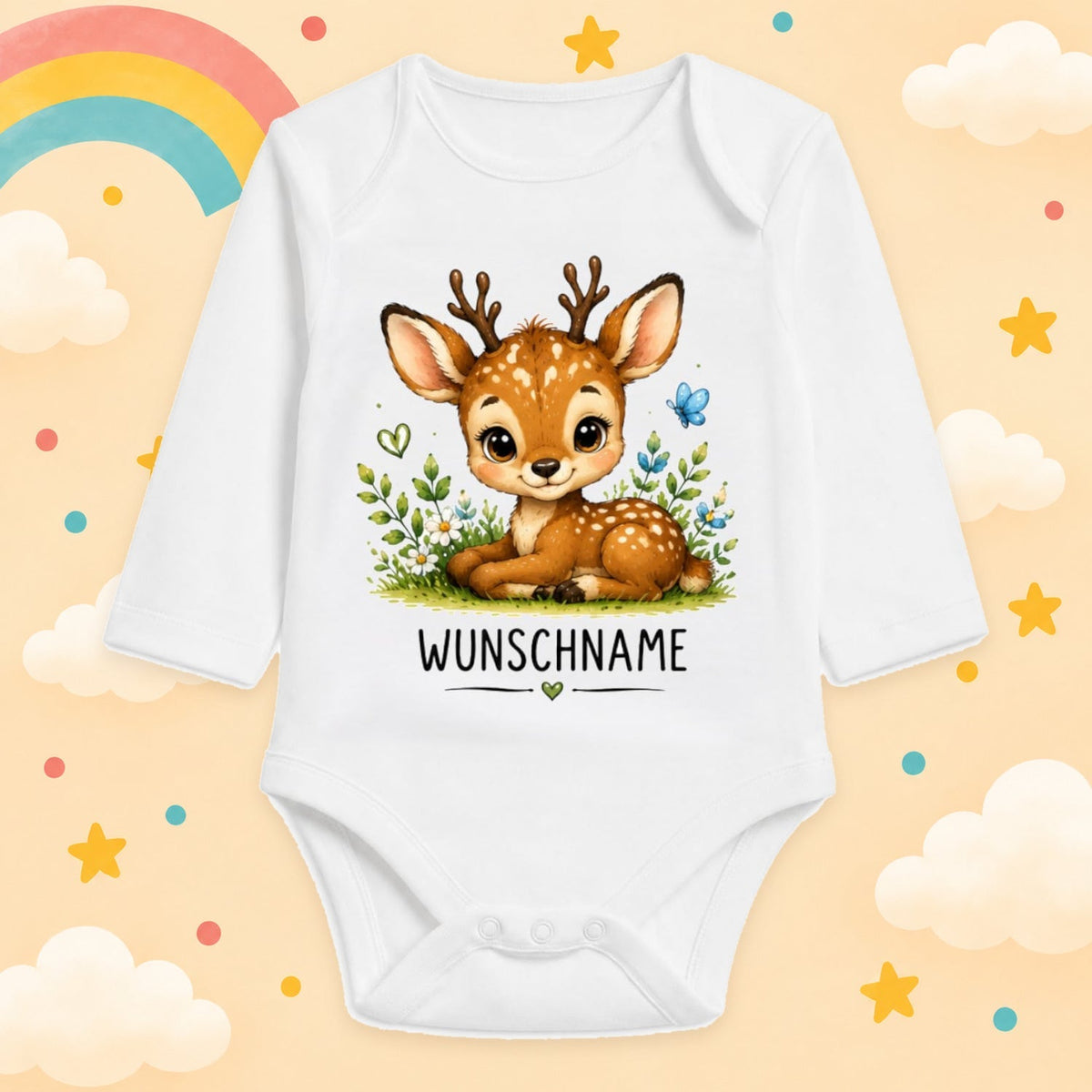 Babybody Langarm – Tiermotiv Reh | mit Wunschname – Produktansicht