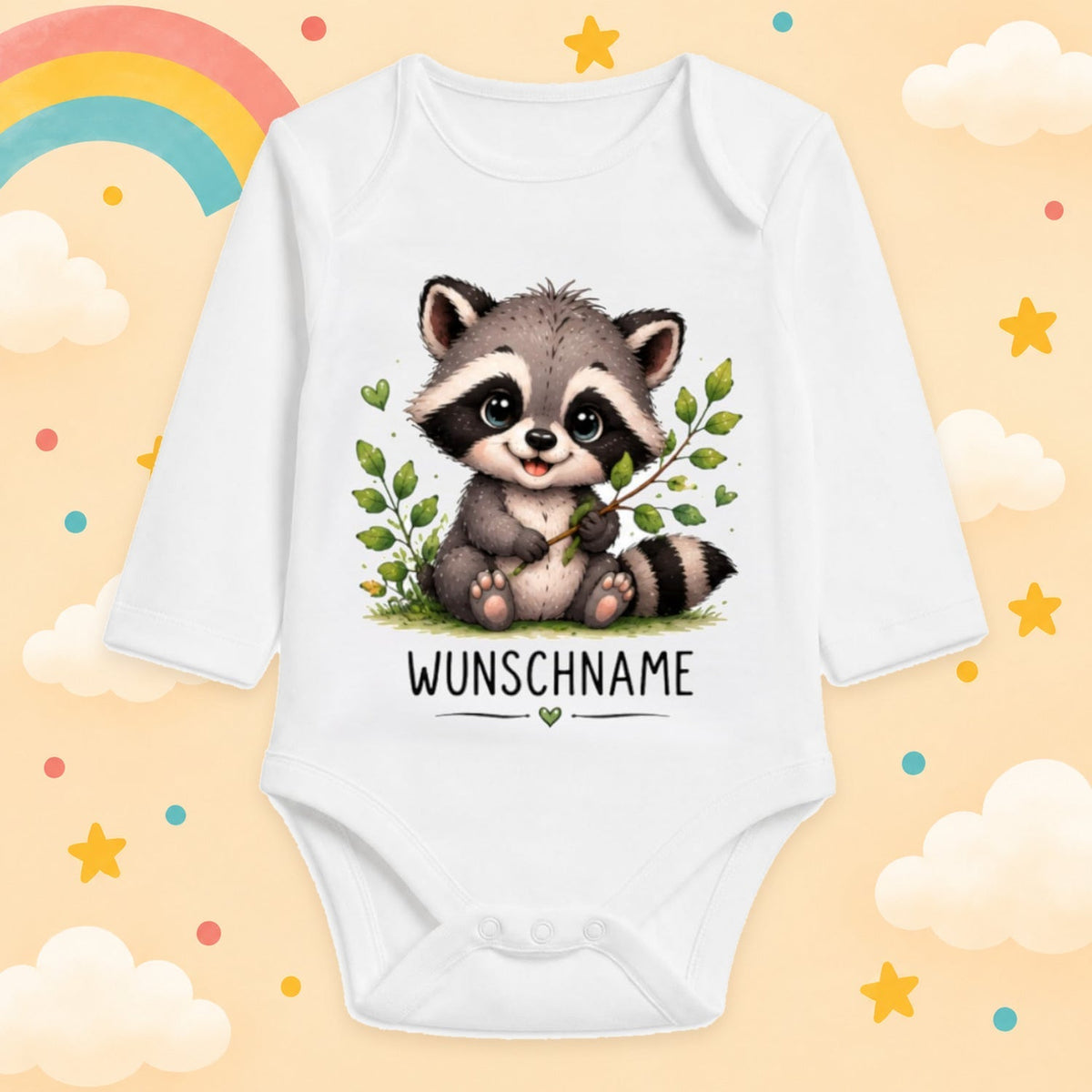 Babybody Langarm – Tiermotiv Waschbär | mit Wunschname – Produktansicht