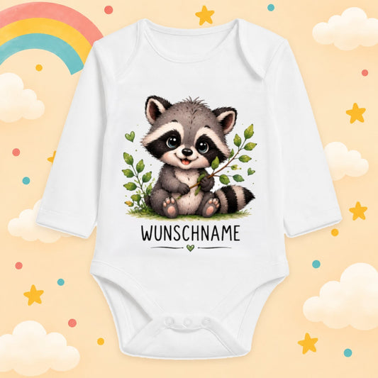 Babybody Langarm – Tiermotiv Waschbär | mit Wunschname – Produktansicht