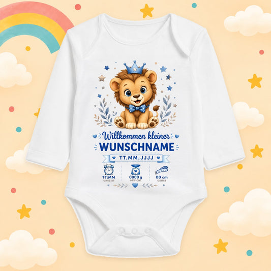 Babybody Langarm – Geburtsdaten Junge Löwe Willkommen kleiner | mit Wunschname – Produktansicht