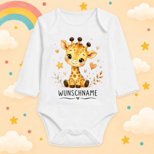 Babybody Langarm – Tiermotiv Giraffe | mit Wunschname – Produktansicht