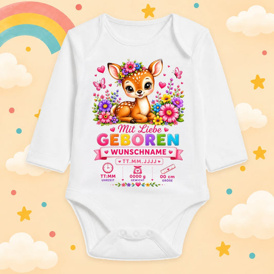 Babybody Langarm – Geburtsdaten Mädchen Reh weiß | mit Wunschname – Produktansicht