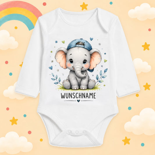 Babybody Langarm – Tiermotiv Elefant | mit Wunschname – Produktansicht