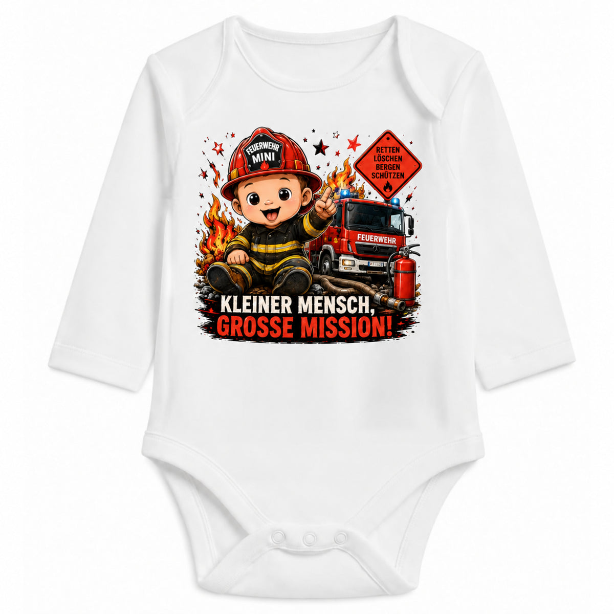 Babybody Langarm – Feuerwehr – Kleiner Mensch große Mission | mit Wunschname – Personalisierungsvorschau ohne Beispielname