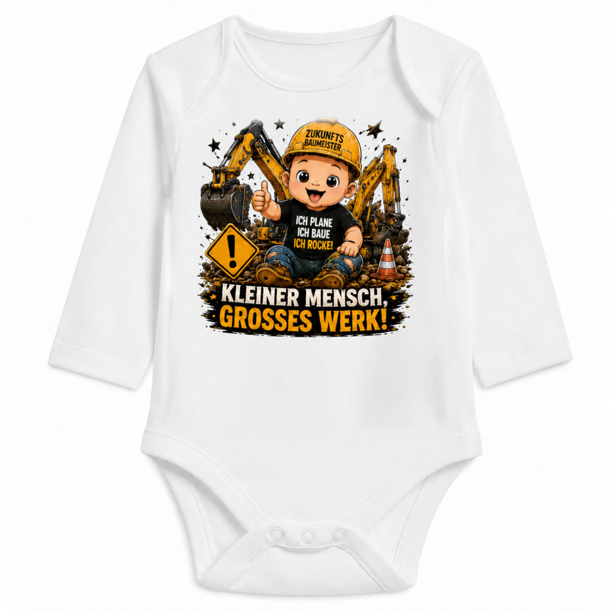 Babybody Langarm – Baustelle – Kleiner Mensch großes Werk | mit Wunschname – Personalisierungsvorschau ohne Beispielname