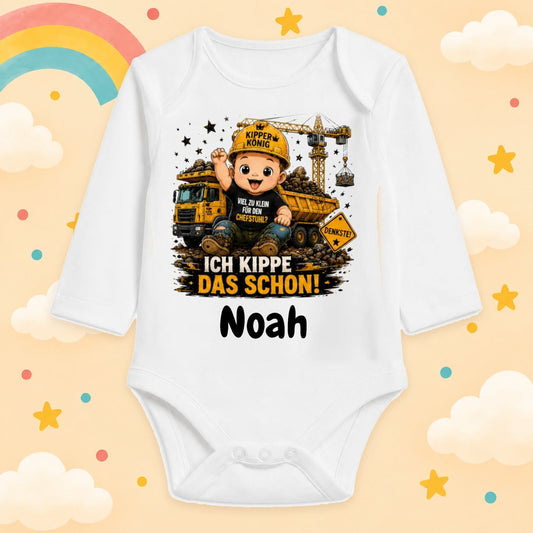 Babybody Langarm – Baustelle – Ich kippe das schon | mit Wunschname – Produktansicht