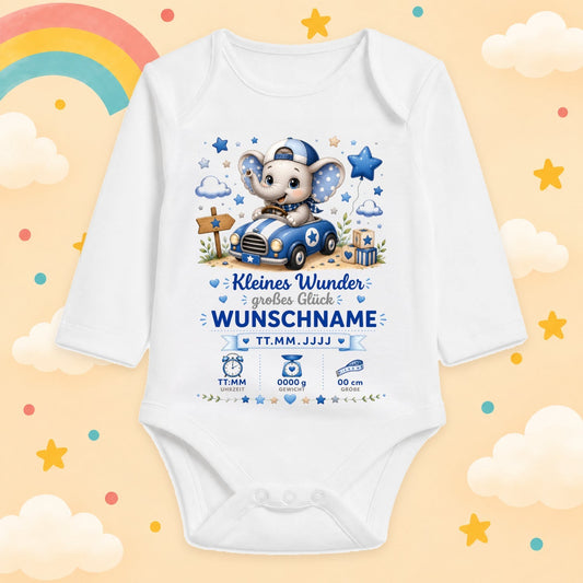 Babybody Langarm – Geburtsdaten Junge Elefant Kleines Wunder | mit Wunschname – Produktansicht
