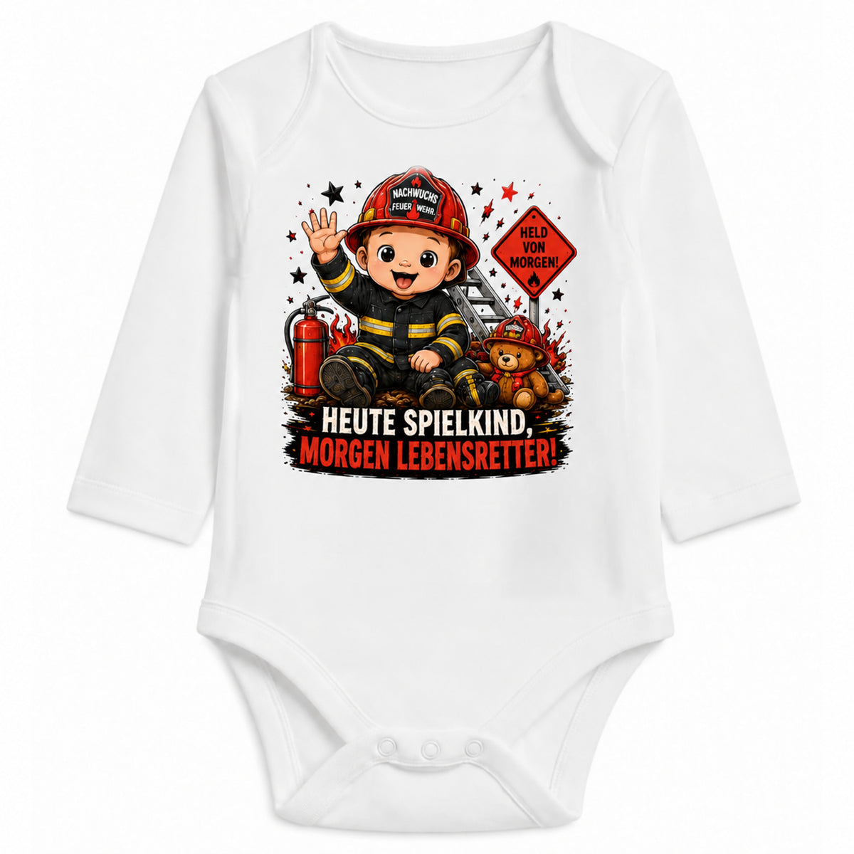 Babybody Langarm – Feuerwehr – Heute Spielkind morgen Lebensretter | mit Wunschname – Personalisierungsvorschau ohne Beispielname