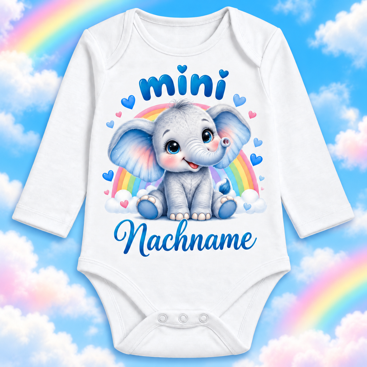 Langarm-Babybody mini Elefant – personalisierter Nachname mit dekorativem Hintergrund
