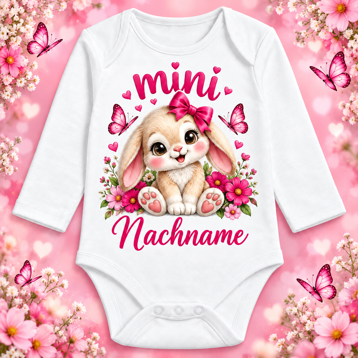 Langarm-Babybody mini Hase – personalisierter Nachname mit dekorativem Hintergrund