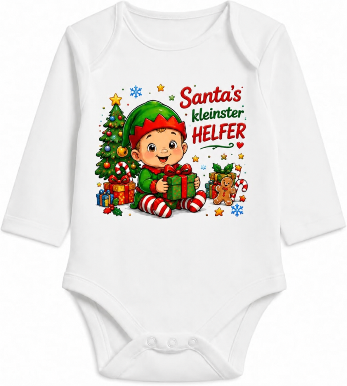 Santa’s kleinster Helfer auf weißem Langarm-Babybody mit individueller Namensgestaltung