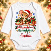 Weißer Langarm-Babybody mit Maus, Plätzchenkrümel und Kuschelglück und Beispielname Sophia