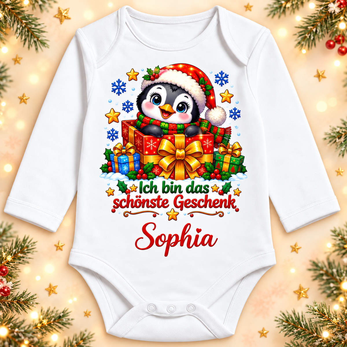 Weißer Langarm-Babybody mit Pinguin, Ich bin das schönste Geschenk und Beispielname Sophia