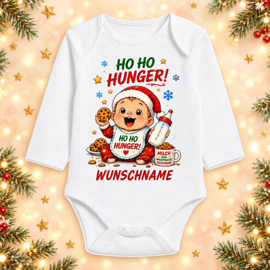 Weißer Langarm-Babybody mit Weihnachtsmotiv Ho Ho Hunger und Wunschname