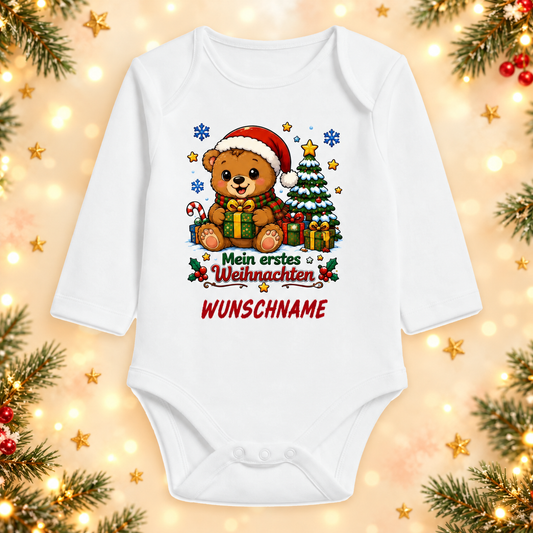 Weißer Langarm-Babybody mit Weihnachtsmotiv Mein erstes Weihnachten – Bär und Wunschname