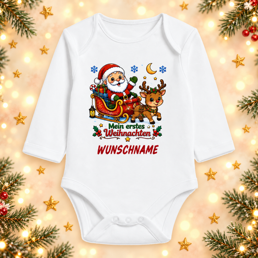 Mein erstes Weihnachten Babybody personalisiert mit Wunschname – Langarm Baumwolle Weiß – Weihnachtsbody Baby Geschenk zu Weihnachten für Jungen & Mädchen, Weihnachtsmann