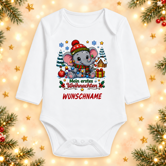 Mein erstes Weihnachten Babybody personalisiert mit Wunschname – Langarm Baumwolle Weiß – Weihnachtsbody Baby Geschenk zu Weihnachten für Jungen & Mädchen, Elefant