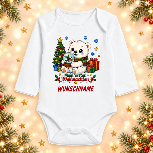 Mein erstes Weihnachten Babybody personalisiert mit Wunschname – Langarm Baumwolle Weiß – Weihnachtsbody Baby Geschenk zu Weihnachten für Jungen & Mädchen, Eisbär