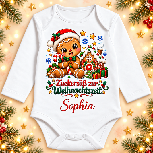 Weißer Langarm-Babybody mit Lebkuchen, Zuckersüß zur Weihnachtszeit und Beispielname Sophia
